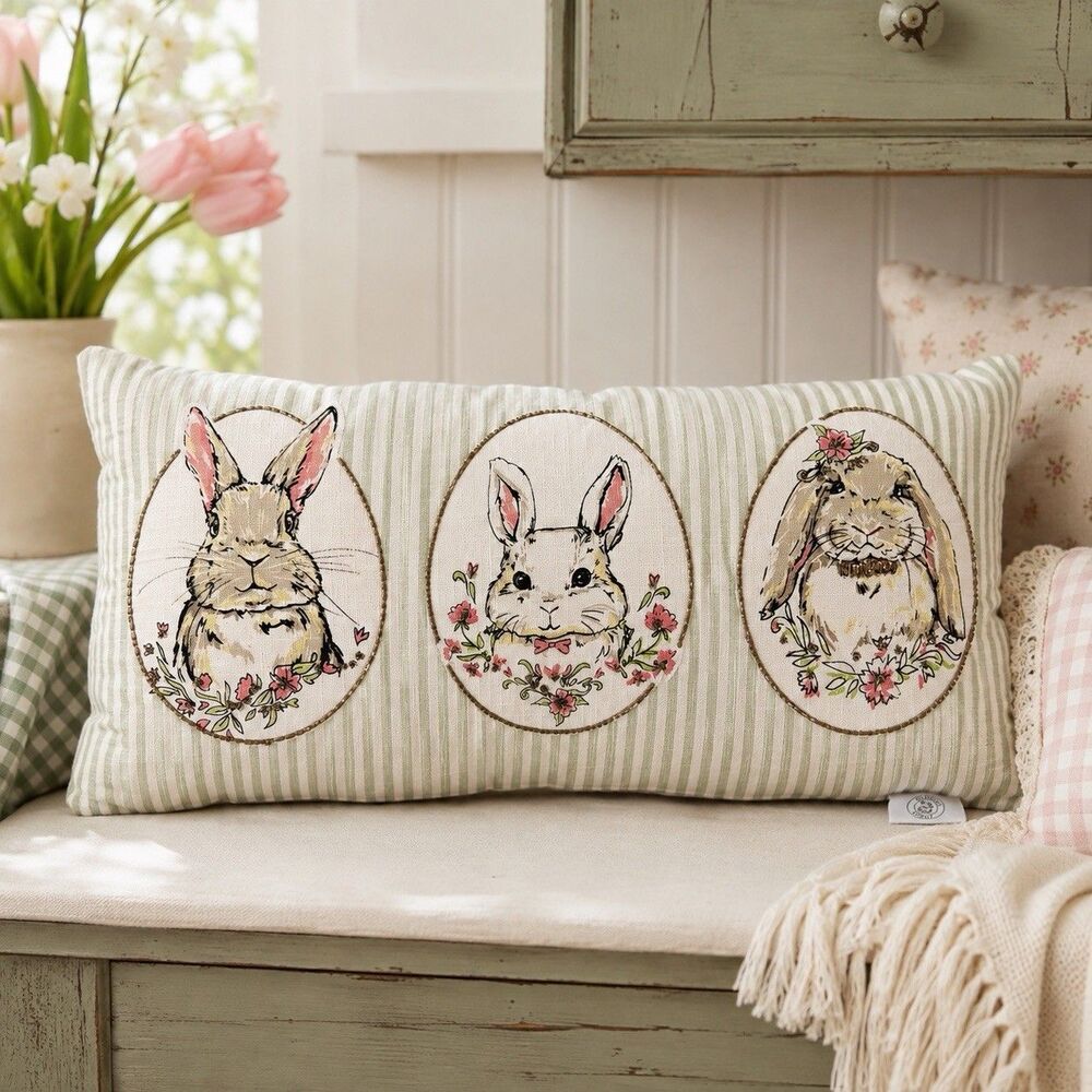 Snuggle Bunny 24x12 Beaded Rabbit Lumbar Throw Pillow Easter Spring Cottagecore